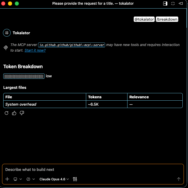 Tokalator /breakdown command in chat showing file token counts and relevance scores