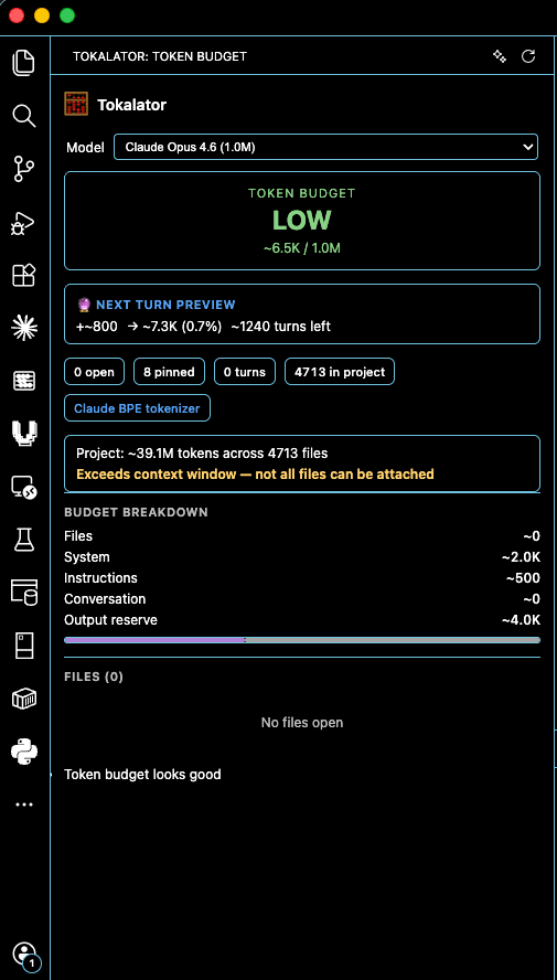 Tokalator token budget dashboard in VS Code — LOW budget, next turn preview, budget breakdown