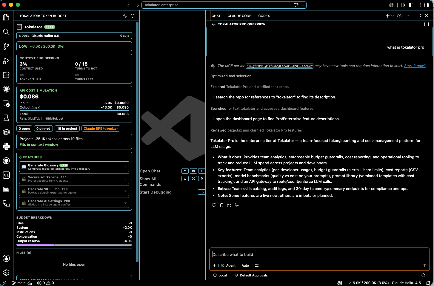 Tokalator running in VS Code — token budget sidebar alongside the editor