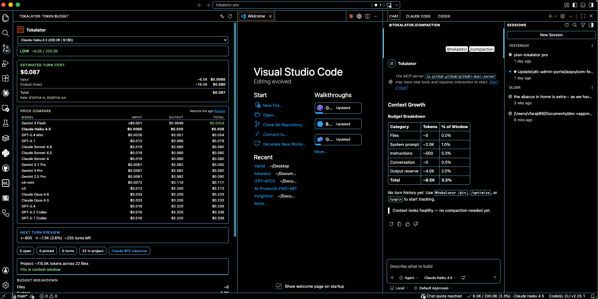 Tokalator extension: pricing dashboard, VS Code editor, and context growth panels