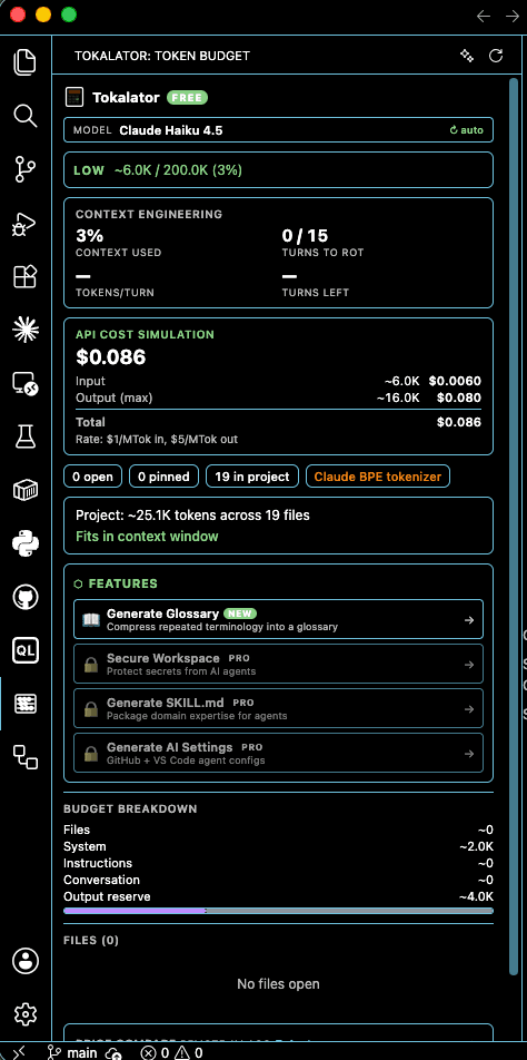 Tokalator token budget dashboard in VS Code — LOW budget, Context Engineering stats, budget breakdown